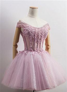 Picture of Lovely Tulle Light Pink-Purple Mini Party Dresses, Lovely Off Shoulder Lace-up Homecoming Dresses